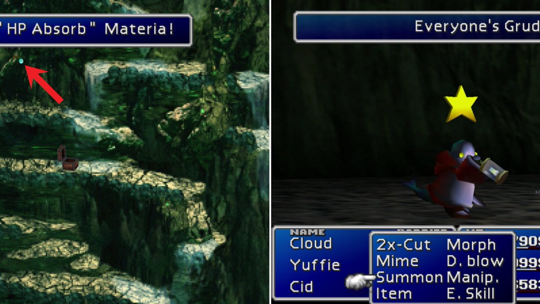 Find the HP Absorb Materia brazenly hidden in plain sight (left). The Master Tonberry will counter attacks with “Everyone’s Grudge”, which deals damage proportional to the number of kills a character has (right).