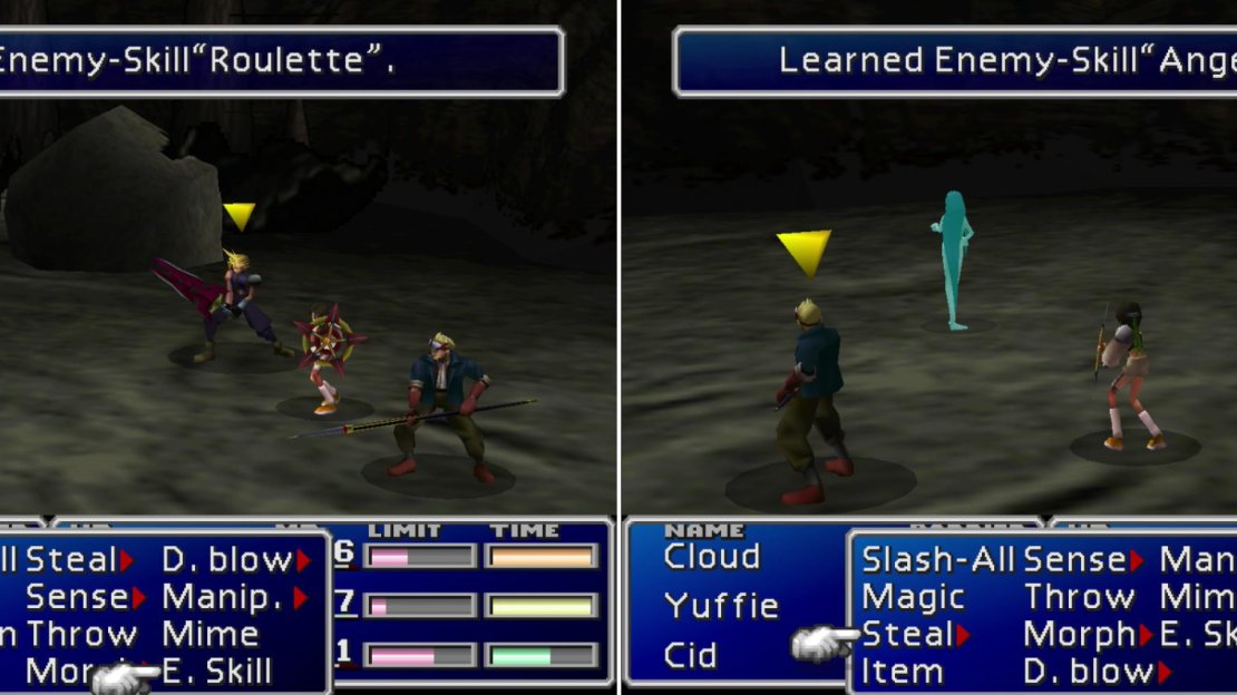Learn the “Roulette” Enemy Skill from the Death Dealer (left) and the more useful “Angel Whisper” Enemy Skill from the Pollensalta (right).