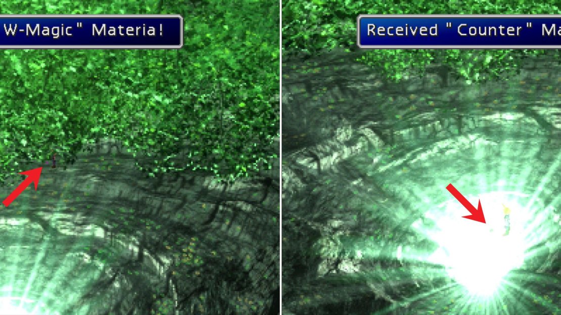 You can find some W-Magic Materia hiding behind some leaves (left) and hidden in a glowing pool of light is the immensely useful Counter Materia (right).