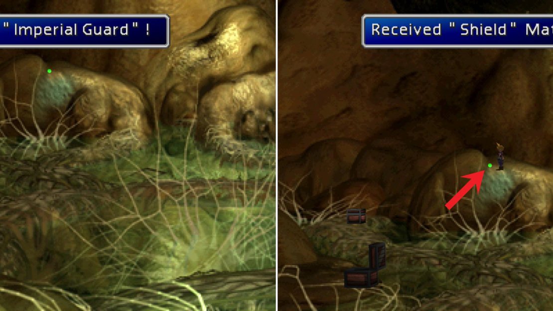 After some light spelunking loot a chest to score some Imperial Guard armor (left), then grab the Shield Materia off the ledge nearby (right).