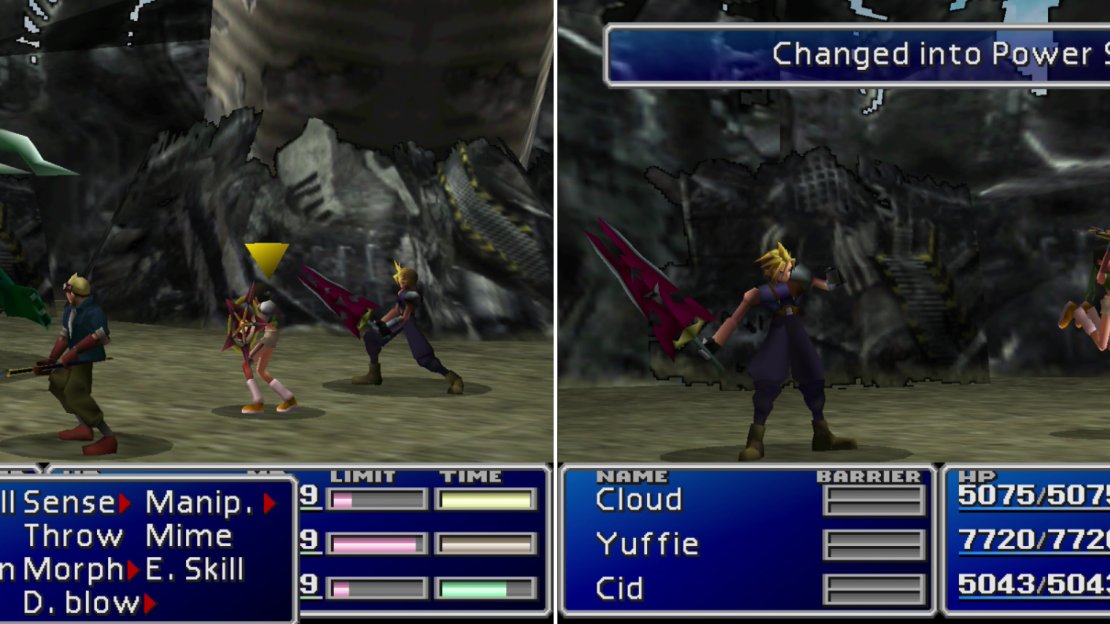 The Heavy Tank (left) outside of the Gongaga Reactor can be Morphed into Power Sources (right). Weak foes that yield great rewards.