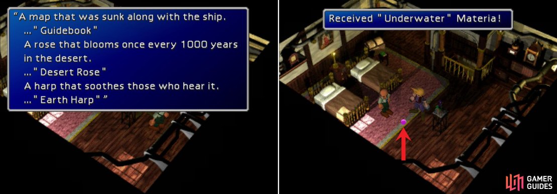 The old man in Kalm will you about some items he needs to begin a pilgrimage. Items he&rsquo;ll reward you greatly for (left). Give him a Guidebook to optain some Underwater Materia, which will remove the timer from the fight with Emerald Weapon (right).