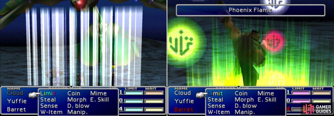 Emerald Weapon&rsquo;s Aire Tam Storm is easily its most dangerous attack, dealing 1111 damage per piece of Materia a character has equipped (left). Having Phoenix + Final Attack Materia equipped will revive the party in case they get wiped out (right).