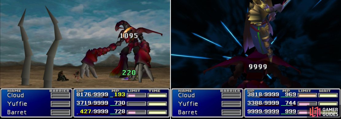 Ruby Weapon is highly resistant to physical attacks (left) so the Command Materia Strategy won&rsquo;t work here. Knights of the Round - perhaps boosted with MP Turbo - will deal massive damage, however (right).