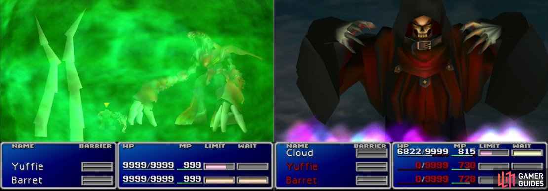 Ruby Weapon will counter summon spells with &ldquo;Ultima&rdquo; (left), but can be paralyzed by summoning Hades (right).