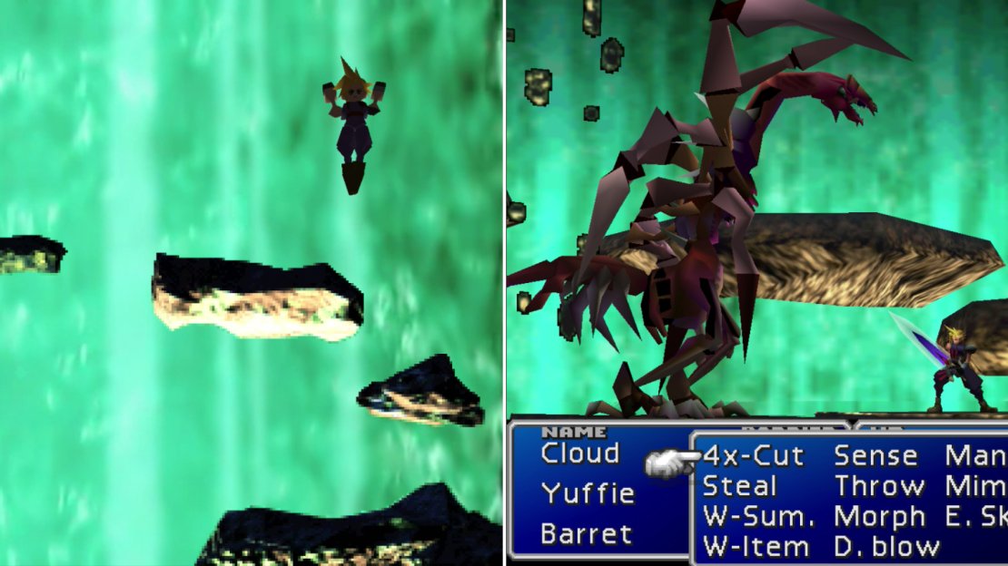 Descend to the heart of the planet’s wound by leaping down conveniently-placed platforms (left). On each platform you have a chance to fight a powerful foe (right).