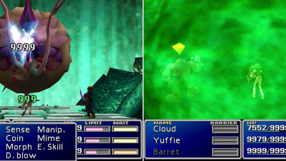 By now, Jenova-SYNTHESIS shouldn’t be much of a threat to any party that’s done some grinding and perhaps killed the superbosses (left). If she somehow survives long enough, she’ll end the fight with “Ultima” (right). This will deprive you of any XP or AP you’d otherwise have recieved, but it will make the next fight easier.