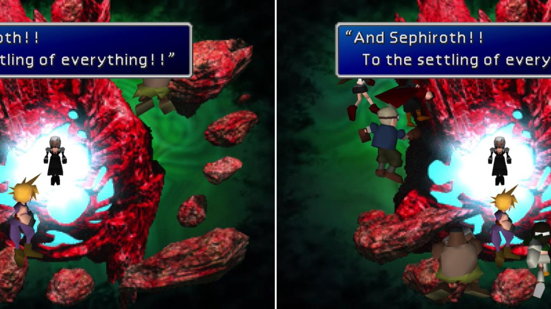 Depending on a number of factors, Sephiroth might expel all but three characters from the next fight (left), making it a simpler encounter. A stronger party will retain more characters, which must be split into three groups (right).