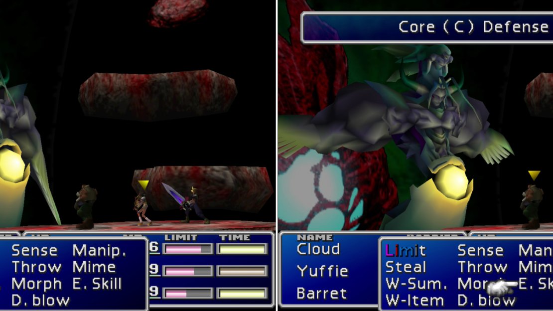 Bizarro Sephiroth will regularly heal itself with “Bizarro Energy” (left) unless you can take out its core. To leave the core vulnerable you have to destroy one of its arms (left) which will cast offensive spells while alive.
