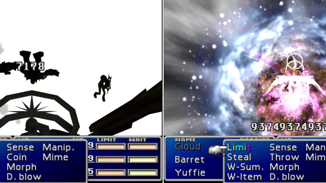 Safer Sephiroth’s “Shadow Flare” attack can deal massive damage to one character (left). But his most danger - and absurdly elaborate - attack is “Super Nova”, which inflicts a number of status effects and reduces all party members to 1/16th of their current HP (right).