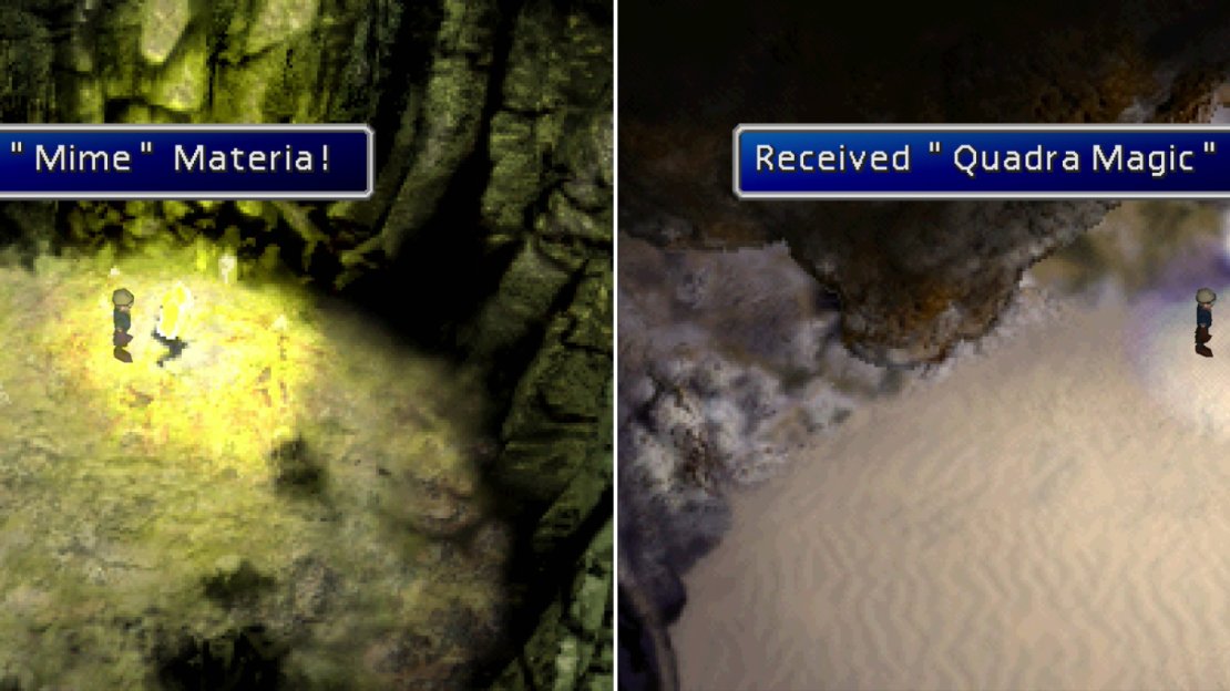 With the Green Chocobo you can find the Mime Materia (left) and with the Blue Chocobo you’ll be able to reach the Quadra Magic Materia (right).