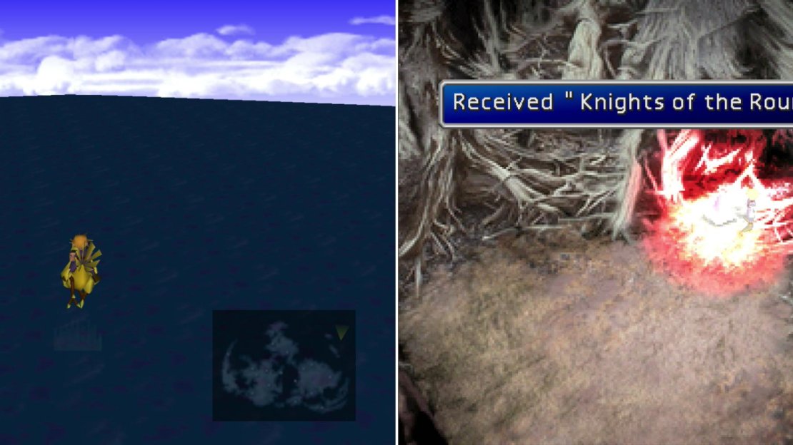 Breed a Black Chocobo and a Wonderful Chocobo to get a Gold Chocobo, which can cross oceans! (left) The Gold Chocobo is the only way to reach Round Island, where the Knights of the Round Materia can be found (right).