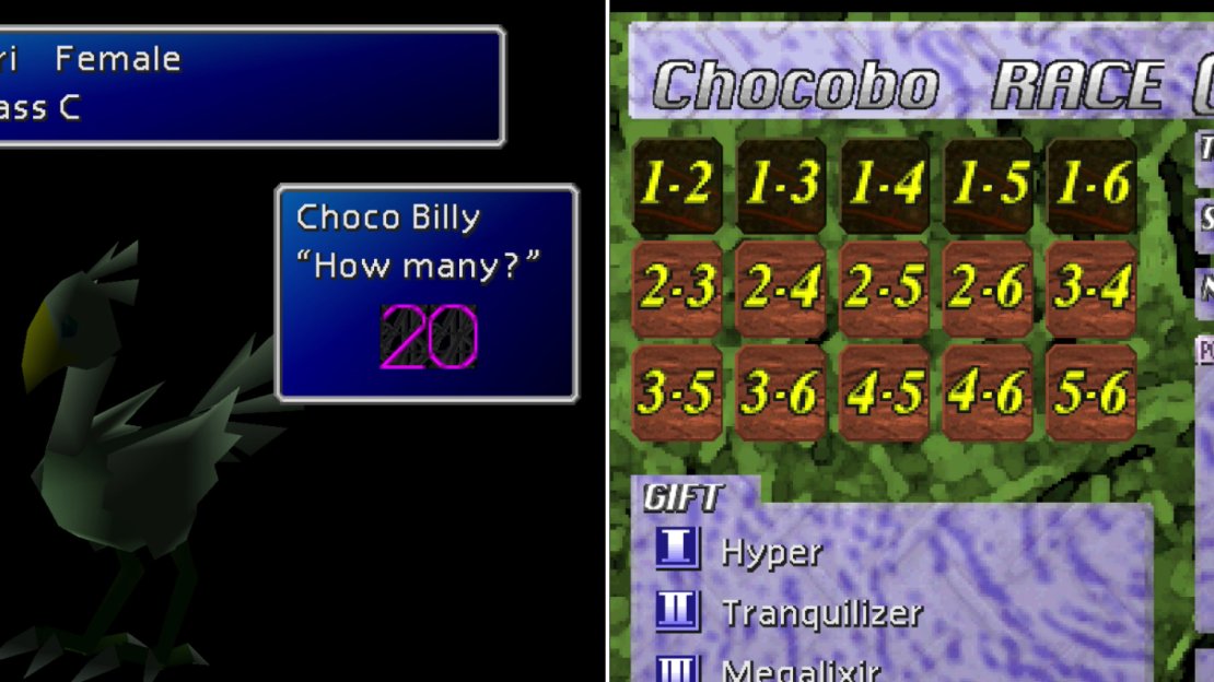 Make sure to feed your Chocobos to boost their stats! (left) then race them at the Gold Saucer to improve their rank (right).