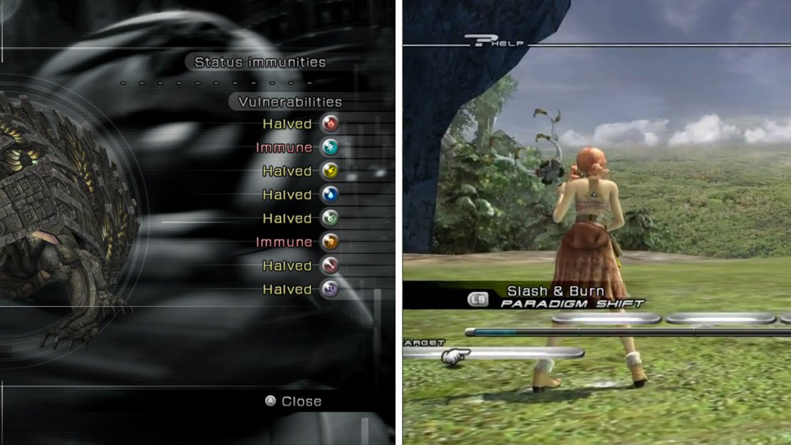 Scalebeast Enemy Intel (left). Remove the carapace to make the enemy vulnerable to attack (right).