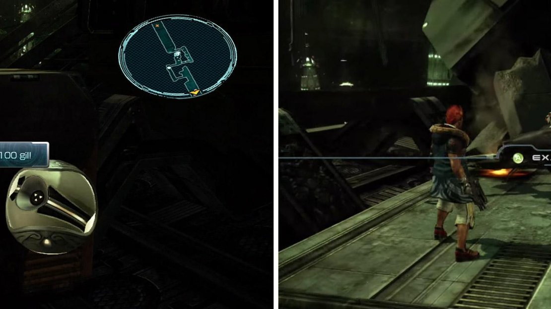 (Left) Treasure Sphere with 100 Gil. (Right) Examine the hover bike to move on.