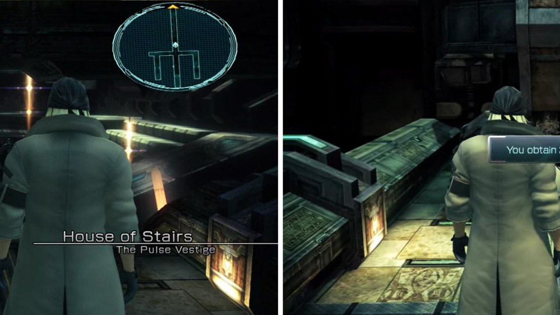 (Left) House of Stairs. (Right) Treasure Sphere with 2x potions directly behind.