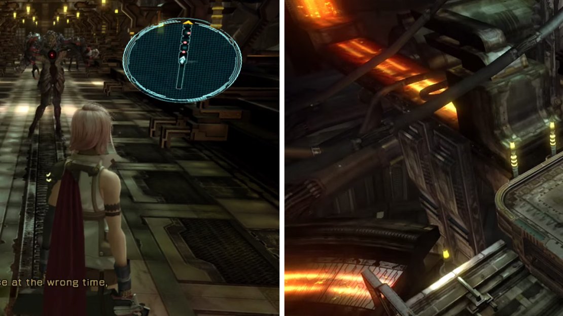 (Left) A corridor with six challenges. (Right) After the battles take the elevator up.