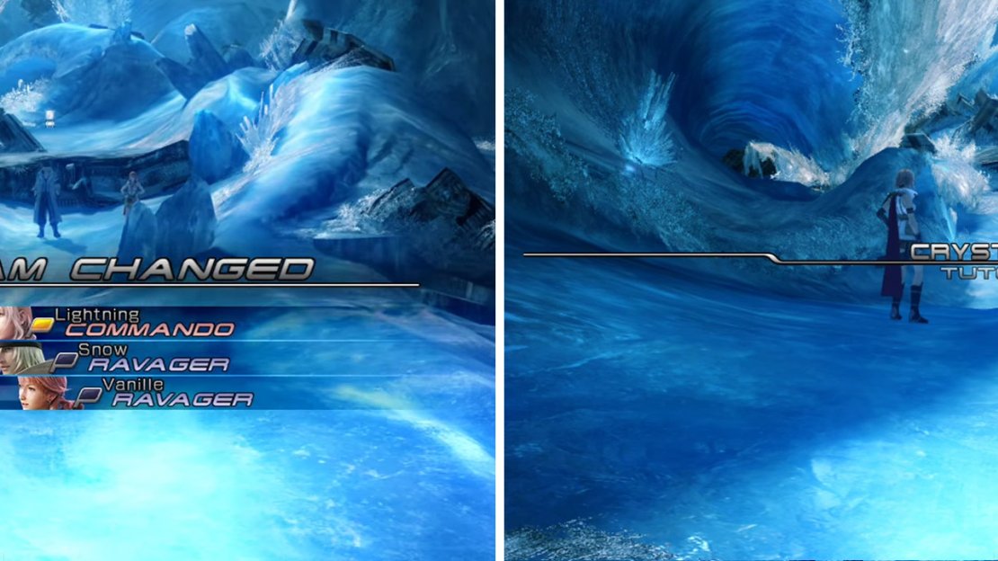 (Left) Battle team changes. (Right) Crystarium Tutorial.