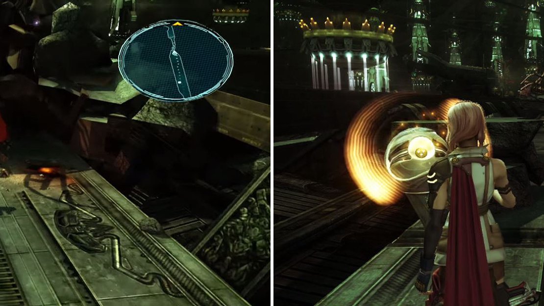 Blue circles (left) denote an area which you can jump to. Treasure Spheres (right) emit a distinct humming sound so listen out!