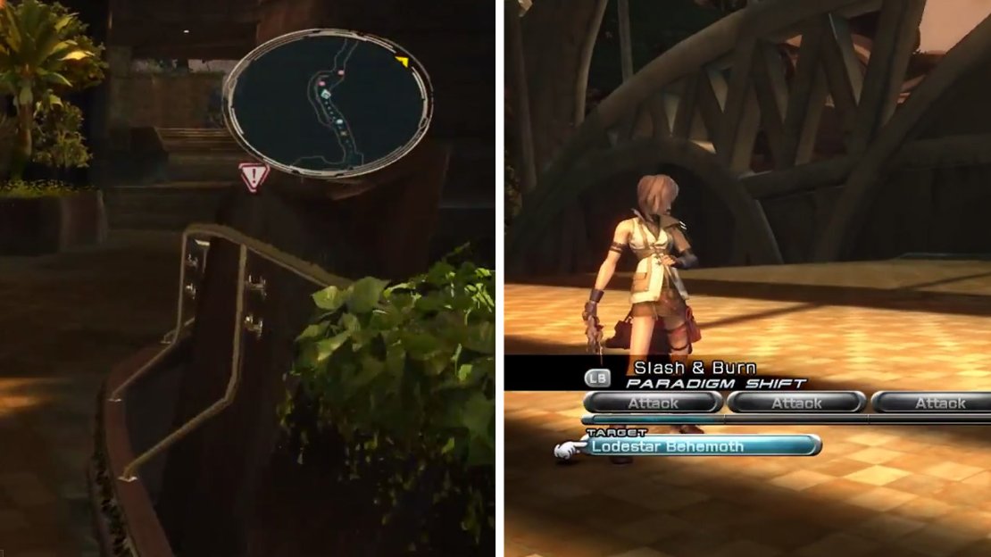 Gae Bolg Treasure Sphere location (left) and battle with a Lodestar Behemoth (right).