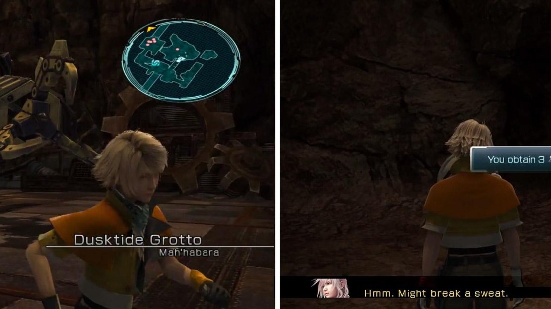 Dusktide Grotto entrance (left) and the 3x Crystal Oscillator location (right).