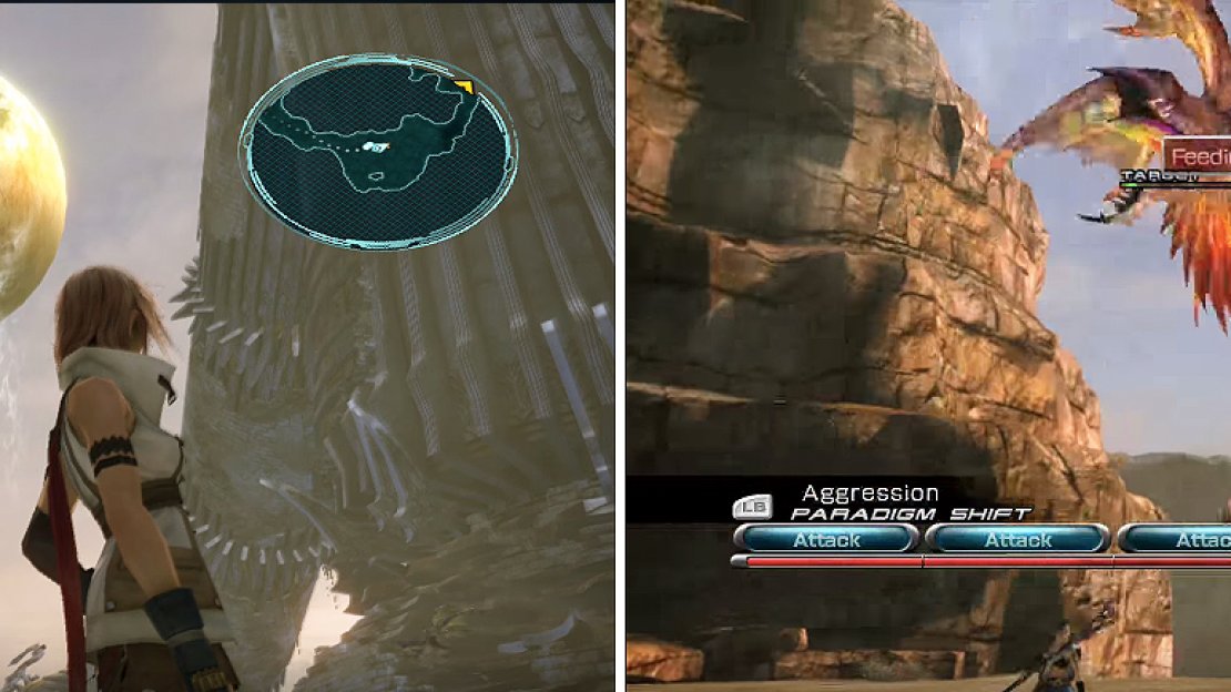 This is one of the best areas in the game to see Cocoon from Gran Pulse (left). Watch out for Feeding Stoop when fighting Amphisbaena (right).