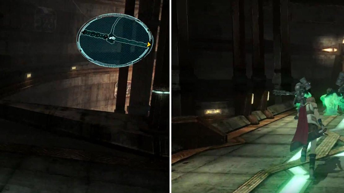 Use the ledges here (left) if you want a shortcut. If not, sneak up on the enemies fighting each other (right).