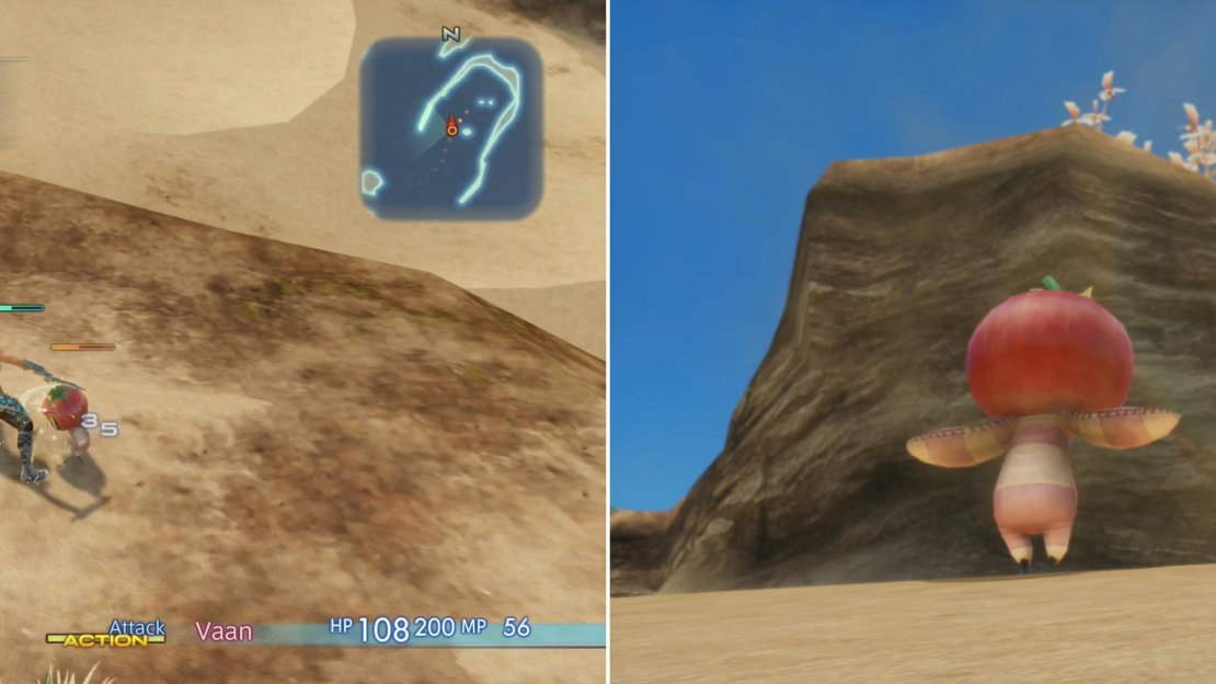 Battle the Rogue Tomato (left) and after the vile vegetable is hard-pressed it’ll flee to lower-ground (right).