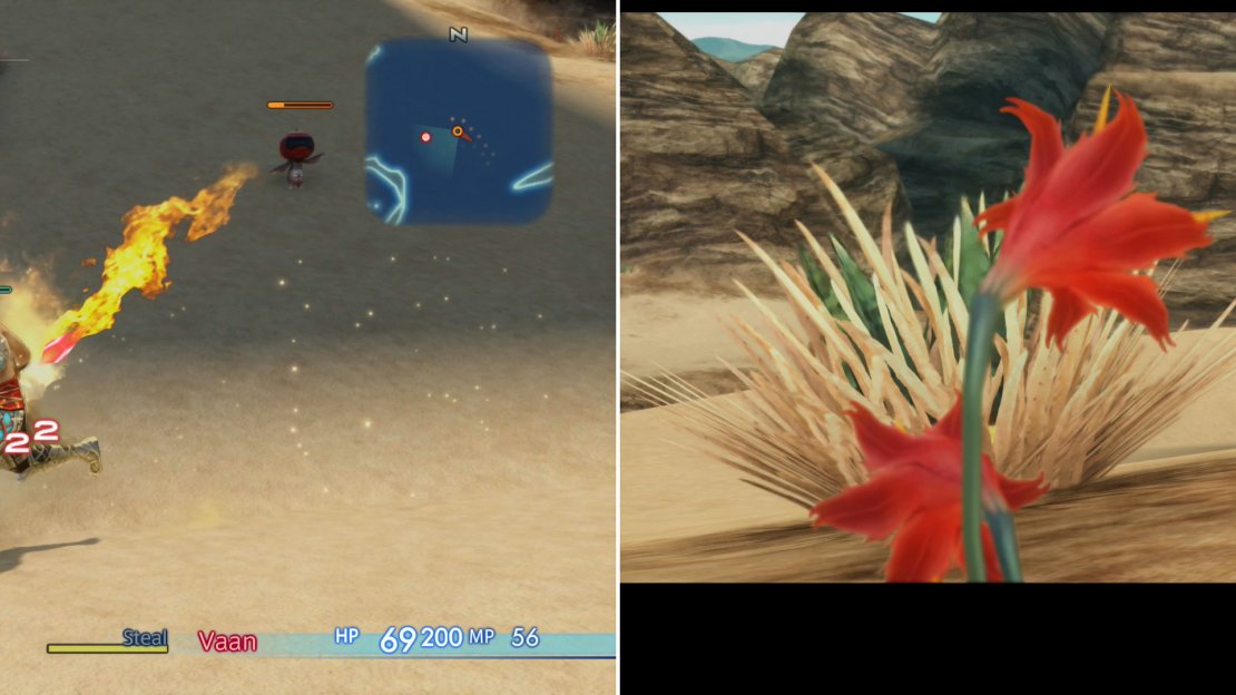 Be wary of Rogue Tomato’s Flame Breath (left) after which Vaan will notice some Galbana Blooms (right).