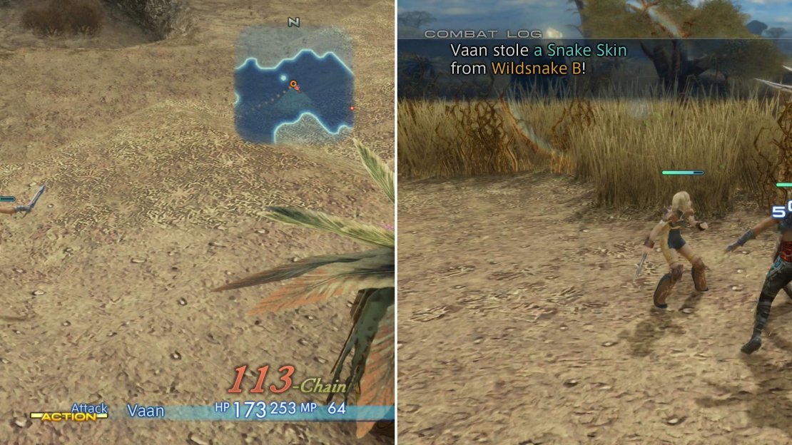 The more of the same monster you kill consecutively, the higher your battle chain number (left), improving loot drops. Some rare loot, like Snake Skin can only be stolen (right).