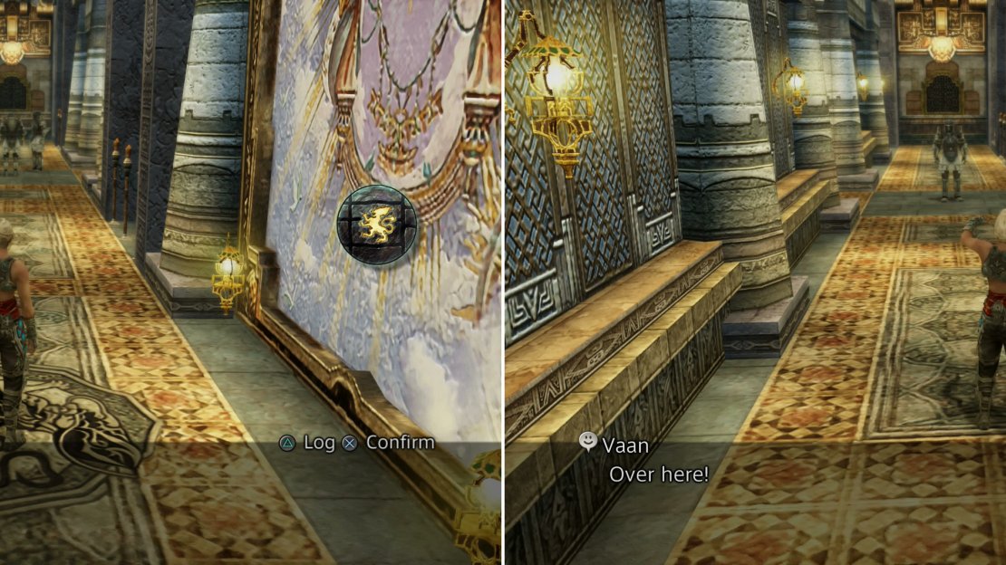 Use the Crescent Stone on the Lion Signet (left) then lure Imperials out of your way (right).
