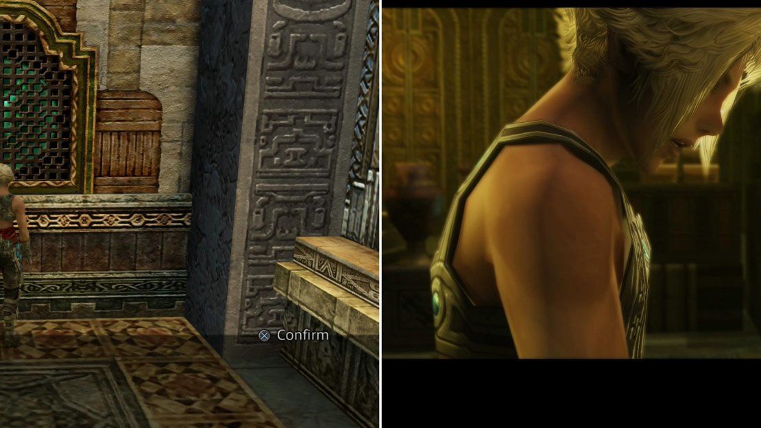 Find the hidden door by searching for the wall with the glowing light (left), after which Vaan will claim a choice bauble from the treasury (right).