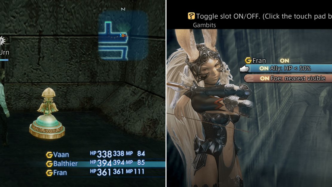 Grab the map from within the decorative urn (left) then set your limited Gambits however you wish (right).