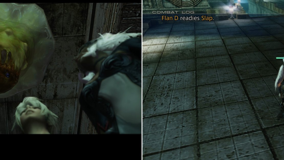 In a suspiciously-large area you’ll be ambushed by some Flans (left). Fran’s Fire magick will make quick work of them (right).