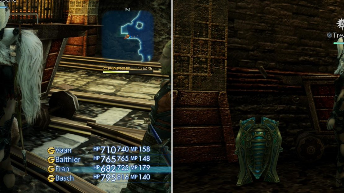 Normal, treasure-containing chests are bland (left) while Mimics posing as chests are distinctively more colorful (right).