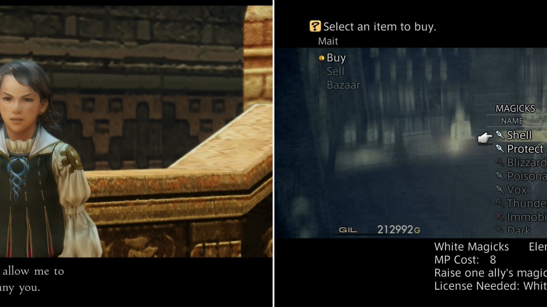 When you leave the Aerodome in Bhujerba a kid named Lamont will join your party as a guest (left). As you make your way through the city, be sure to do some shopping (right) to obtain new magicks.