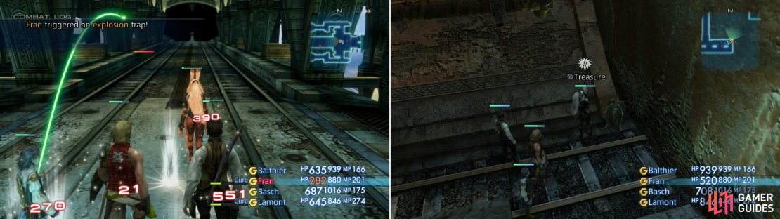 Traps make their debut in the Lhusu Mines, and provide a good reason to keep Libra active at all times (left). New treasures can also be found throughout the Lhusu Mines (right).