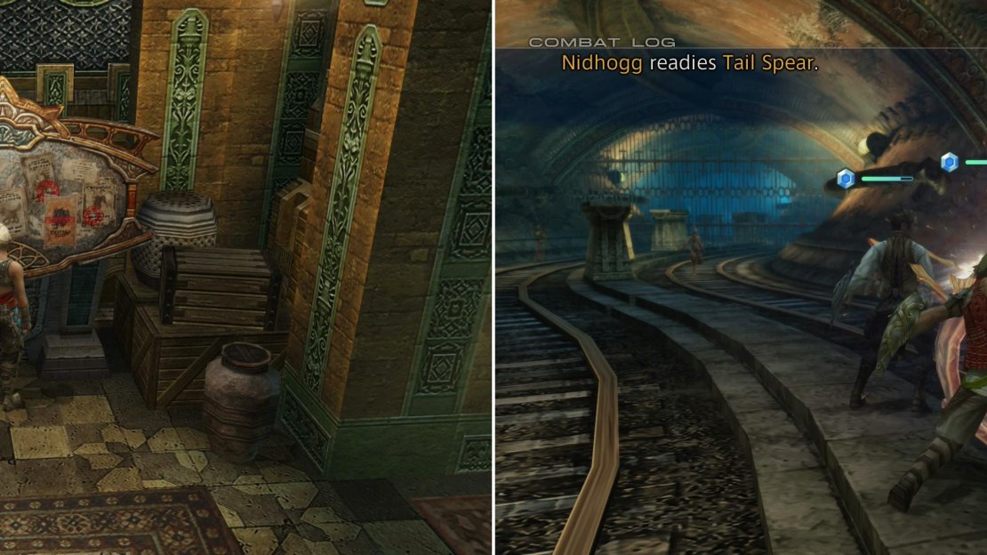 Pick up the Nidhogg hunt (left), then return to the Lhusu Mines to battle the dangerous snake (right).