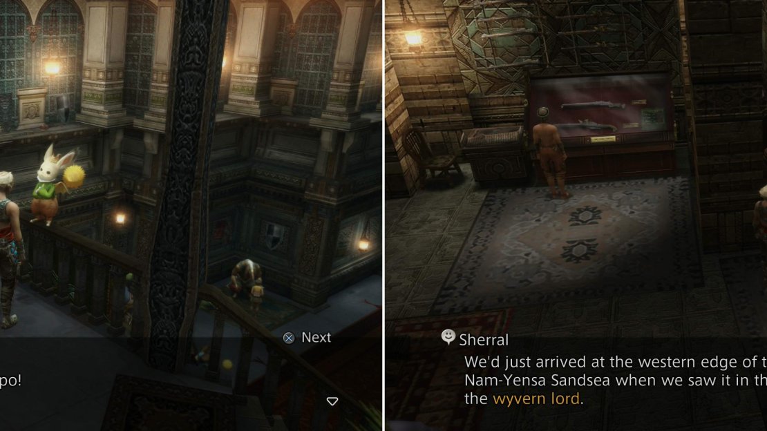 Report back to Montblanc after defeating Nidhogg to get official recognition as a Rear Guard (left) then pick up the Wyvern Lord hunt and talk to Sherral (right).