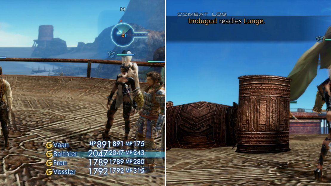 Stand on the center of a platform to lure Imdugud (left), which can be more easily defeated with the use of Immobilize (right).