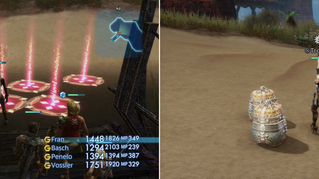 Navigate a group of traps (left) and you’ll be able to plunder the area beyond for some relatively potent gear (right).
