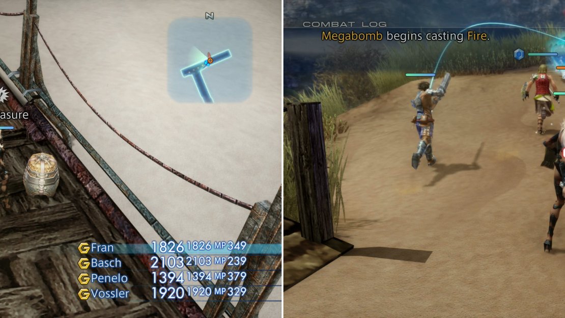 Search a chest on a bridge to find the Balance magick (left). You can find the Rare Game Megabomb in the same area (right).