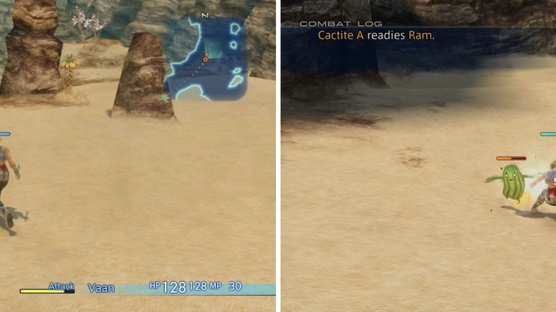 Some enemies have a green bar over their head, meaning they are docile (left). They will not attack unless you attack them first (right).