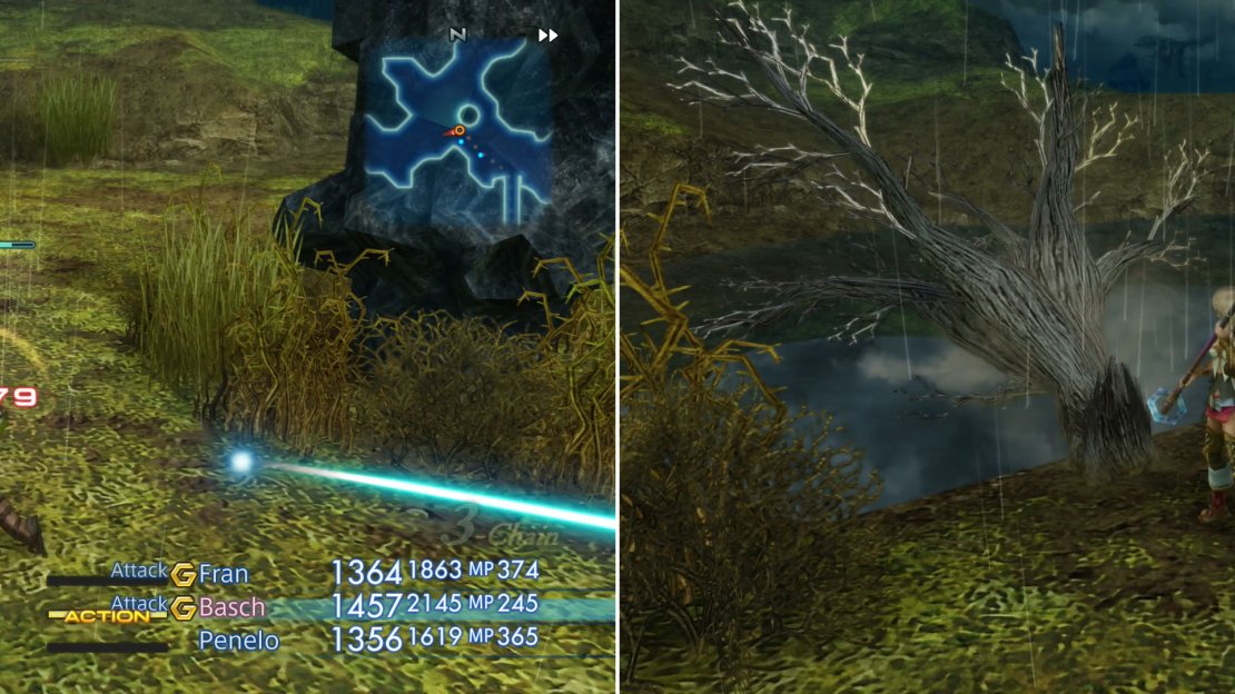 Hyenas are the only beasts native to the Giza Plains that remain in the rainy season, albeit more powerful versions (left). Knock over white, Withered Trees when you find them (right).