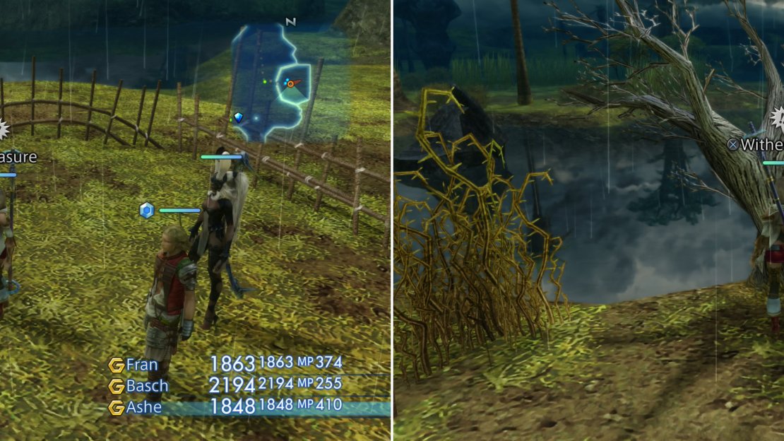 Grab the Regen magick out of the urn in the now-deserted Nomad Village (left) then knock over yet another Withered Tree (right).