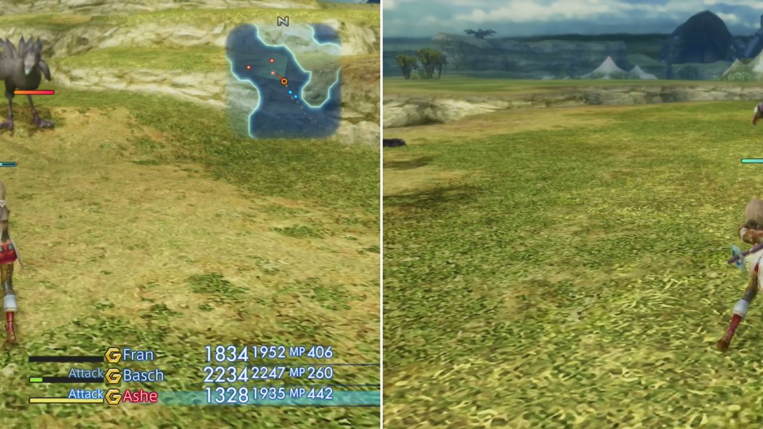 Not all Chocobos are friendly, as evidenced by the specimens on the Ozmone Plain (left). The elusive Hybrid Gator appears in different locations depending on the minutes on the game clock (right).