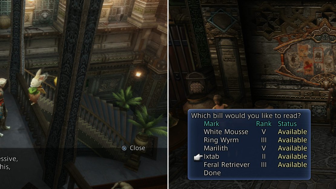 Use the convenient Gate Crystal to teleport back to Rabanastre, where you can visit Montblanc for some rewards (left), then pick up a few new hunts (right).