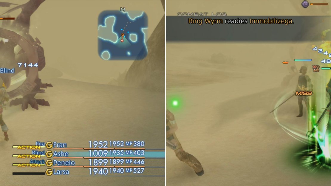 Ring Wyrm can be inflicted with Blind, and Fira will do obscene damage to him (left). Just be wary of Immobilizega, which can inflict Immobilize on the entire party (right).