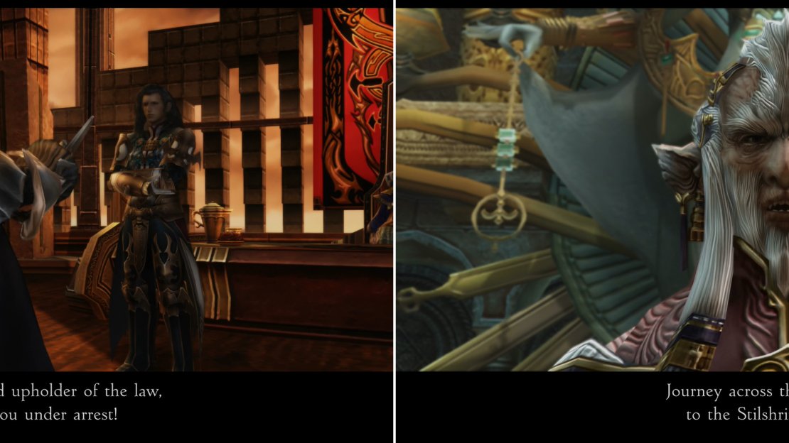 Vayne makes a power-play in Archades (left), and in response to this revelation the Gran Kiltias will advise you to seek out the Sword of Kings in the Stilshrine of Miriam (right).