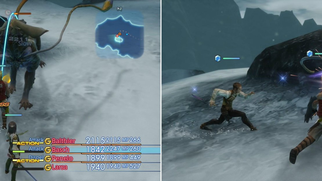 Like all Coeurl-type enemies, Feral Retriever will attempt to inflict a variety of status effects on the party (left). Despite that, he can easily be over-powered if you’ve been doing even a little work to keep your gear current (right).